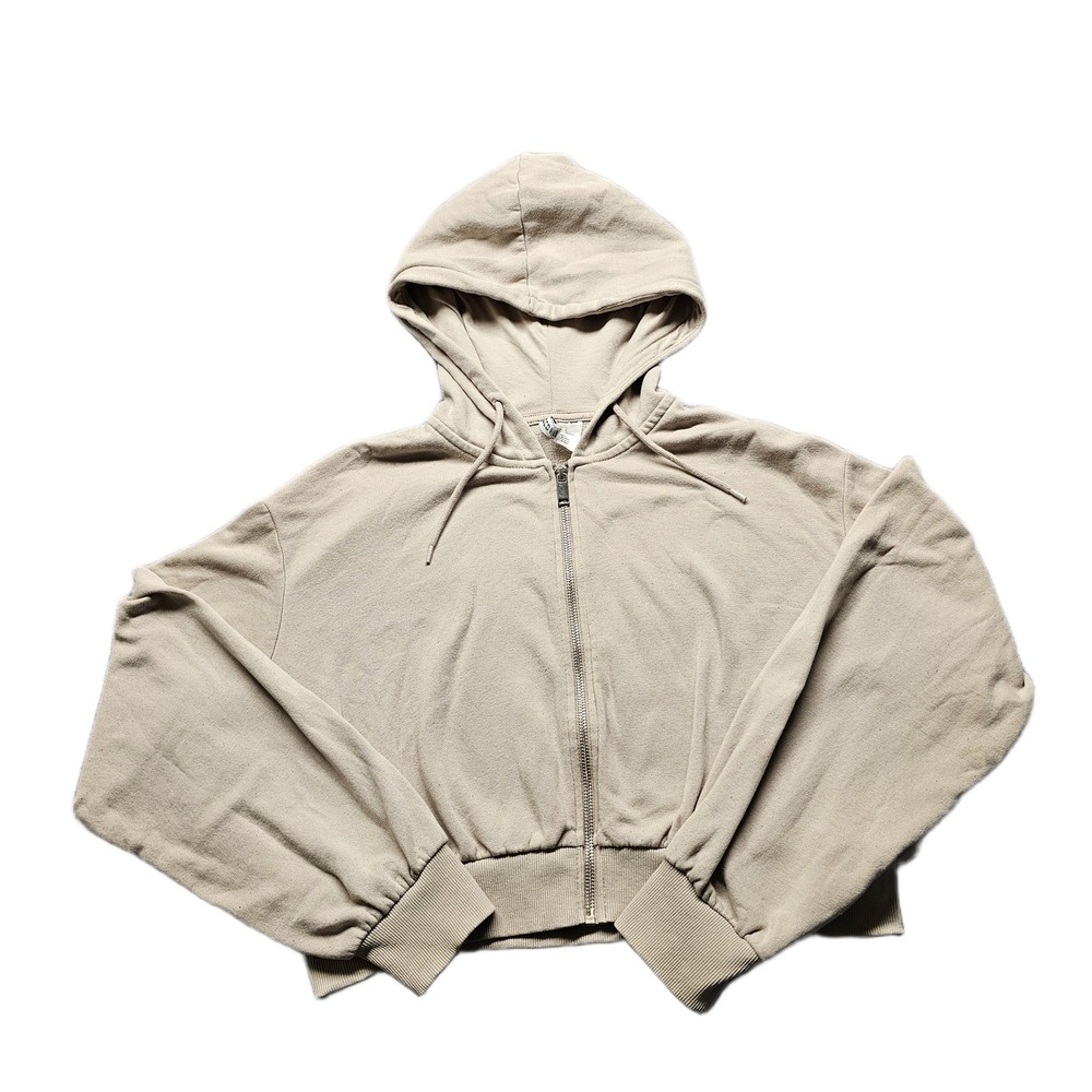 Divided by H&M Cropped Hoodie Womens L Beige Fleece Lined Drawstring Full Zip